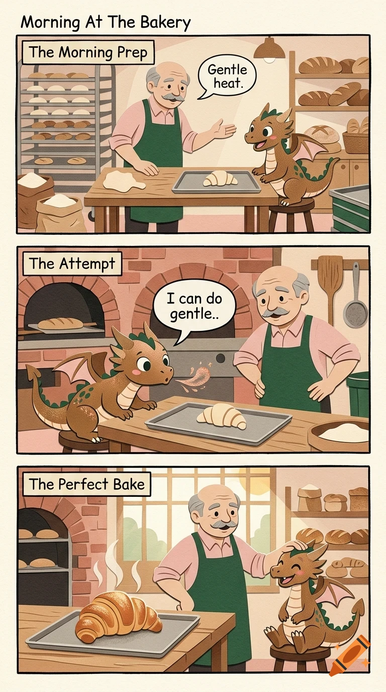 A three-panel comic strip titled Morning At The Bakery shows an elderly baker and a small brown dragon preparing and baking a croissant together.