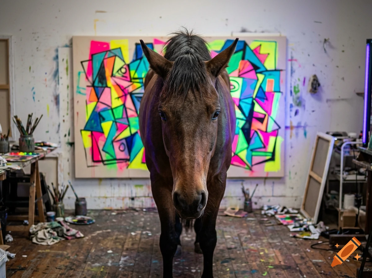 A brown horse standing in an art studio in front of a colorful abstract painting.