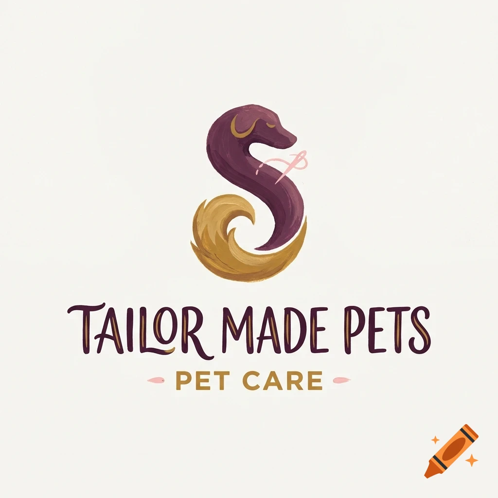 Logo design featuring an S-shaped dog with a needle and thread, and the text 'TAILOR MADE PETS PET CARE'.