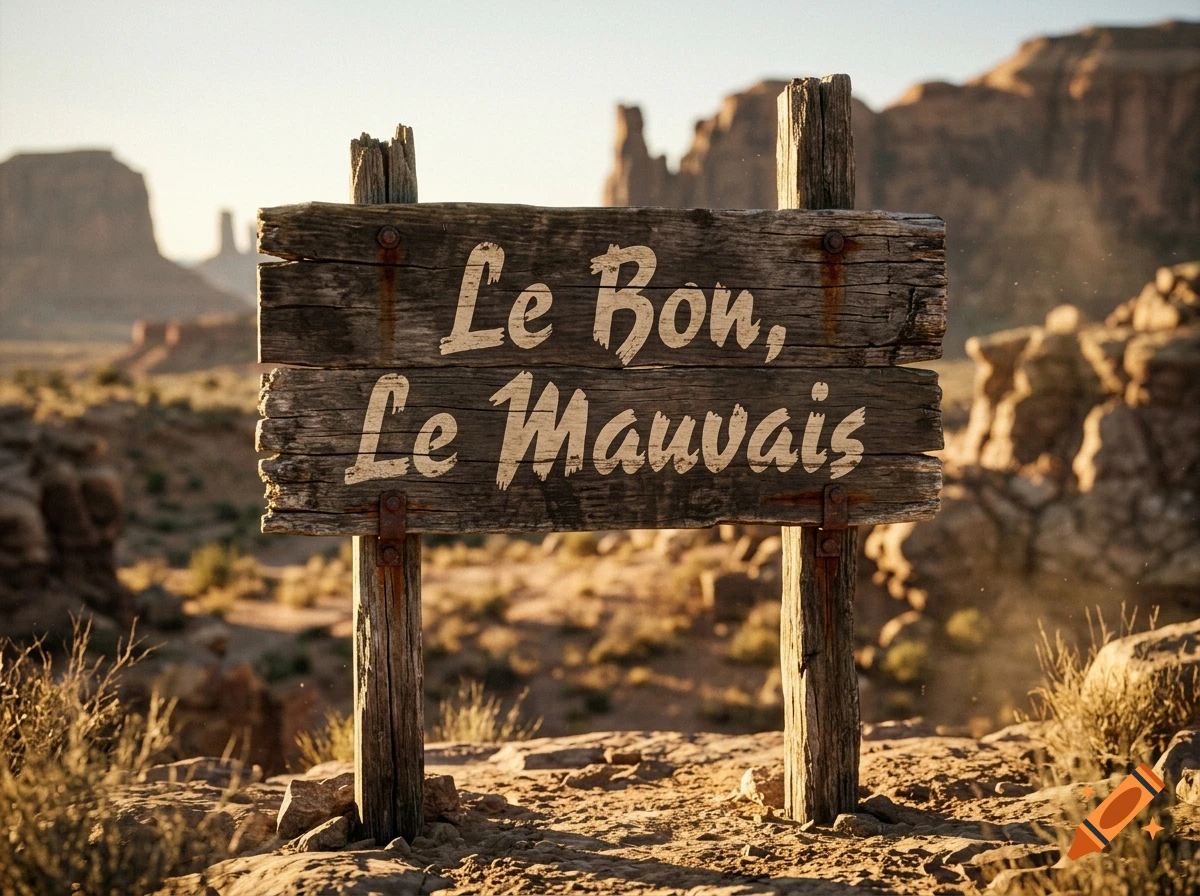 Photorealistic wooden sign in a desert landscape reading Le Bon, Le Mauvais.