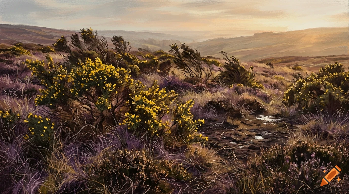 An oil painting of a rolling moorland landscape at sunset with yellow gorse bushes and purple heather in the foreground.