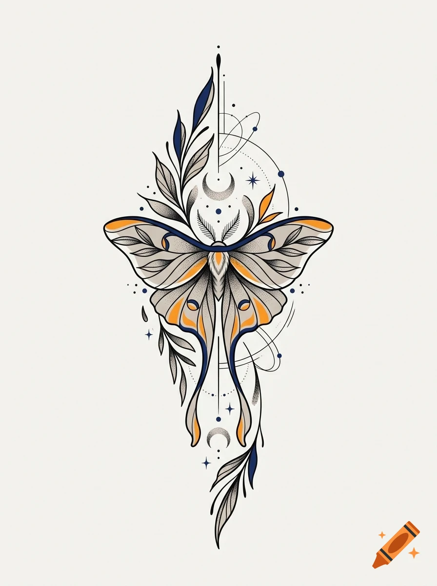 An intricate line art design featuring a luna moth combined with botanical elements, celestial symbols, and geometric accents.
