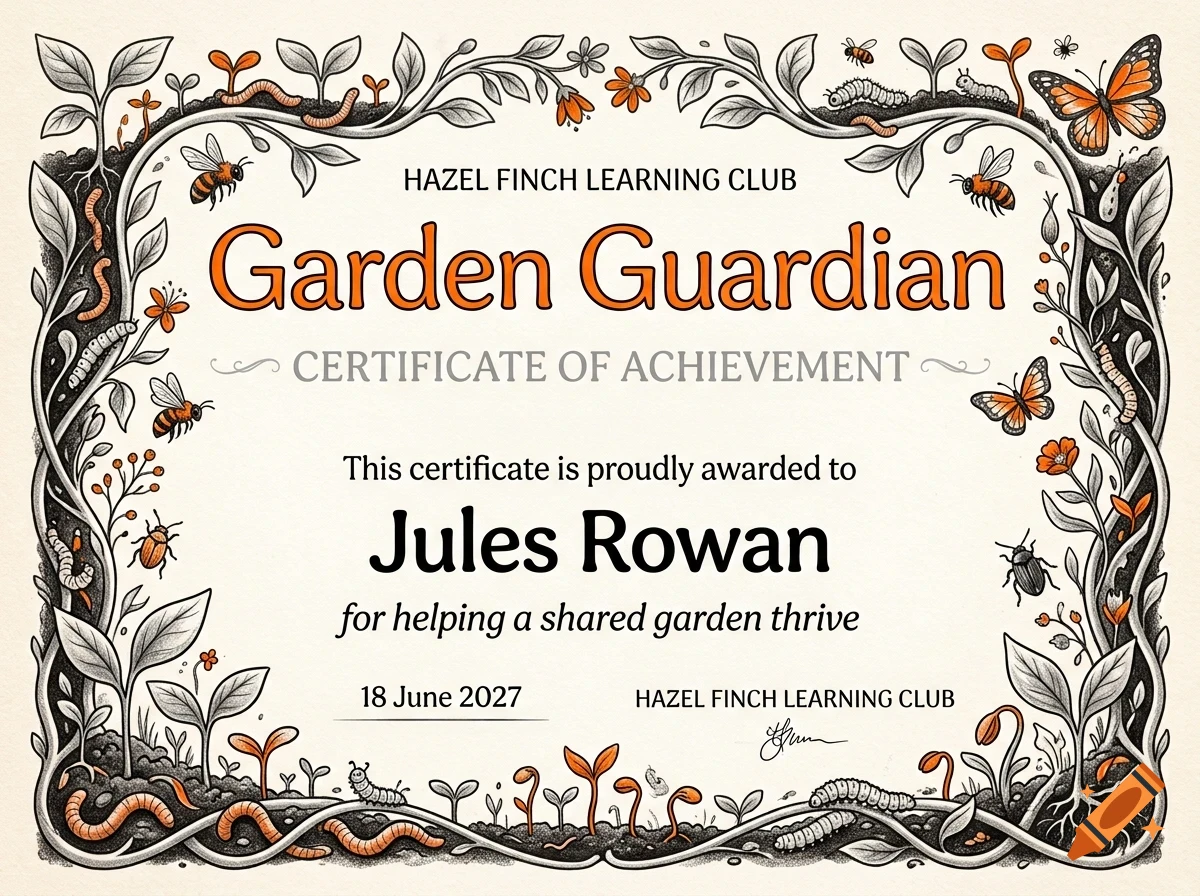 An illustrated certificate of achievement with a botanical border featuring plants, insects, and worms, reading Garden Guardian awarded to Jules Rowan.