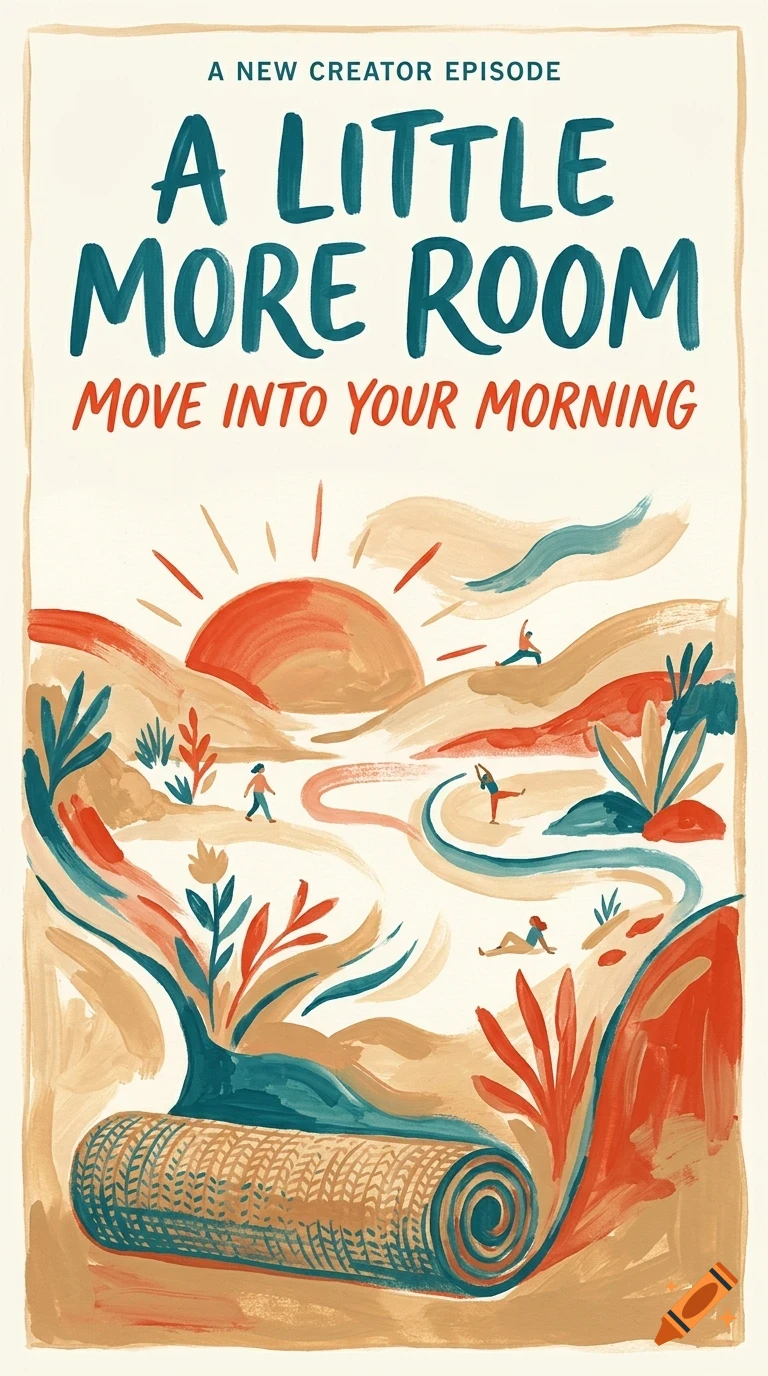 An illustration with text A Little More Room and Move Into Your Morning, showing a sunrise landscape with stylized figures and yoga mats.