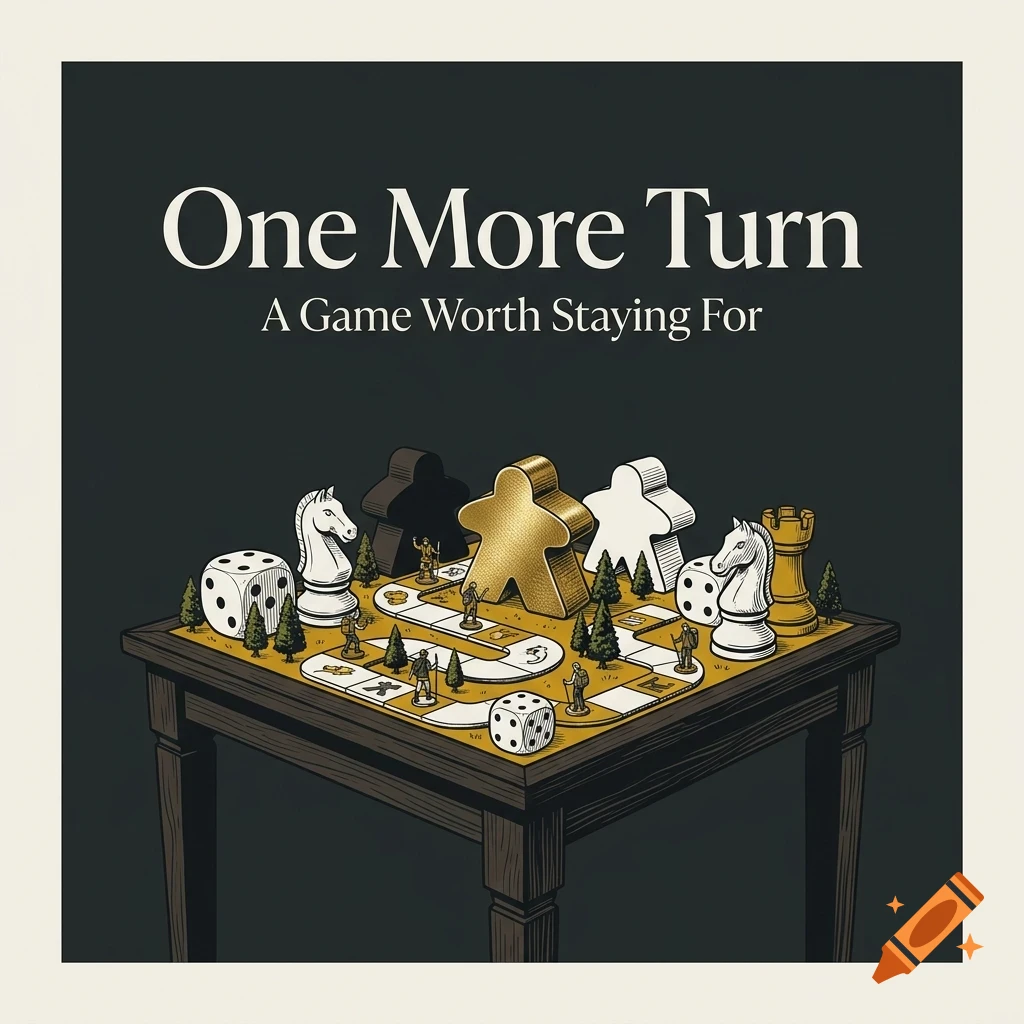 An illustration of a board game on a table featuring dice, meeples, chess pieces, and miniature trees, with the text 'One More Turn A Game Worth Staying For' above.