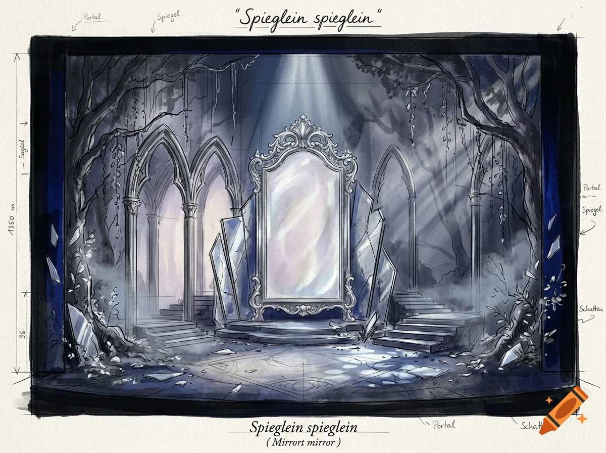 Sketched stage design for 'Spieglein spieglein' featuring a large ornate mirror surrounded by gothic arches and forest scenery.