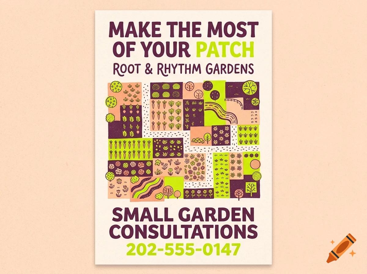 A poster for Root & Rhythm Gardens with text advertising small garden consultations and a diagram of garden plots.