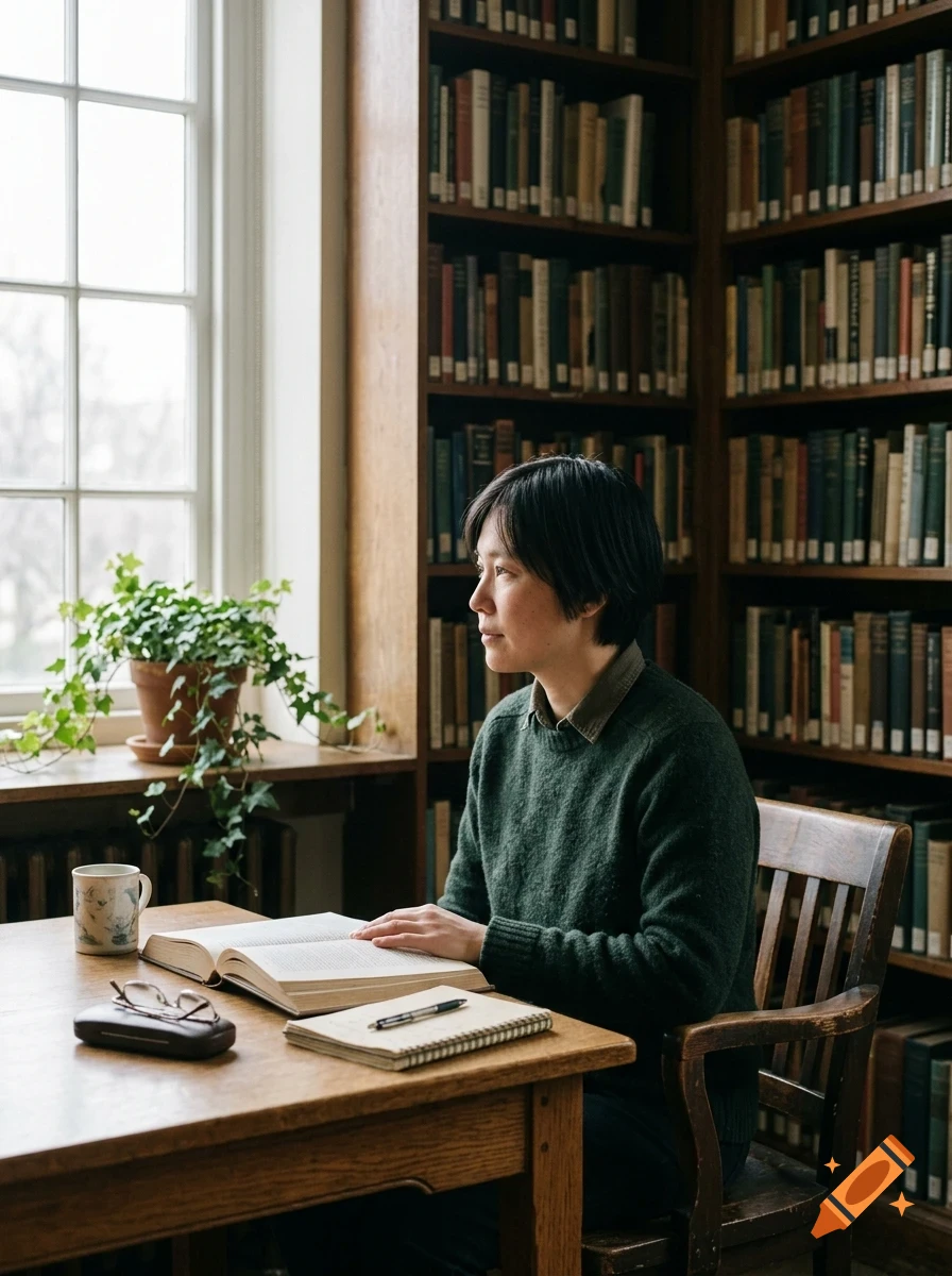 A person sitting at a wooden desk in a library with books and a potted plant by a window.
