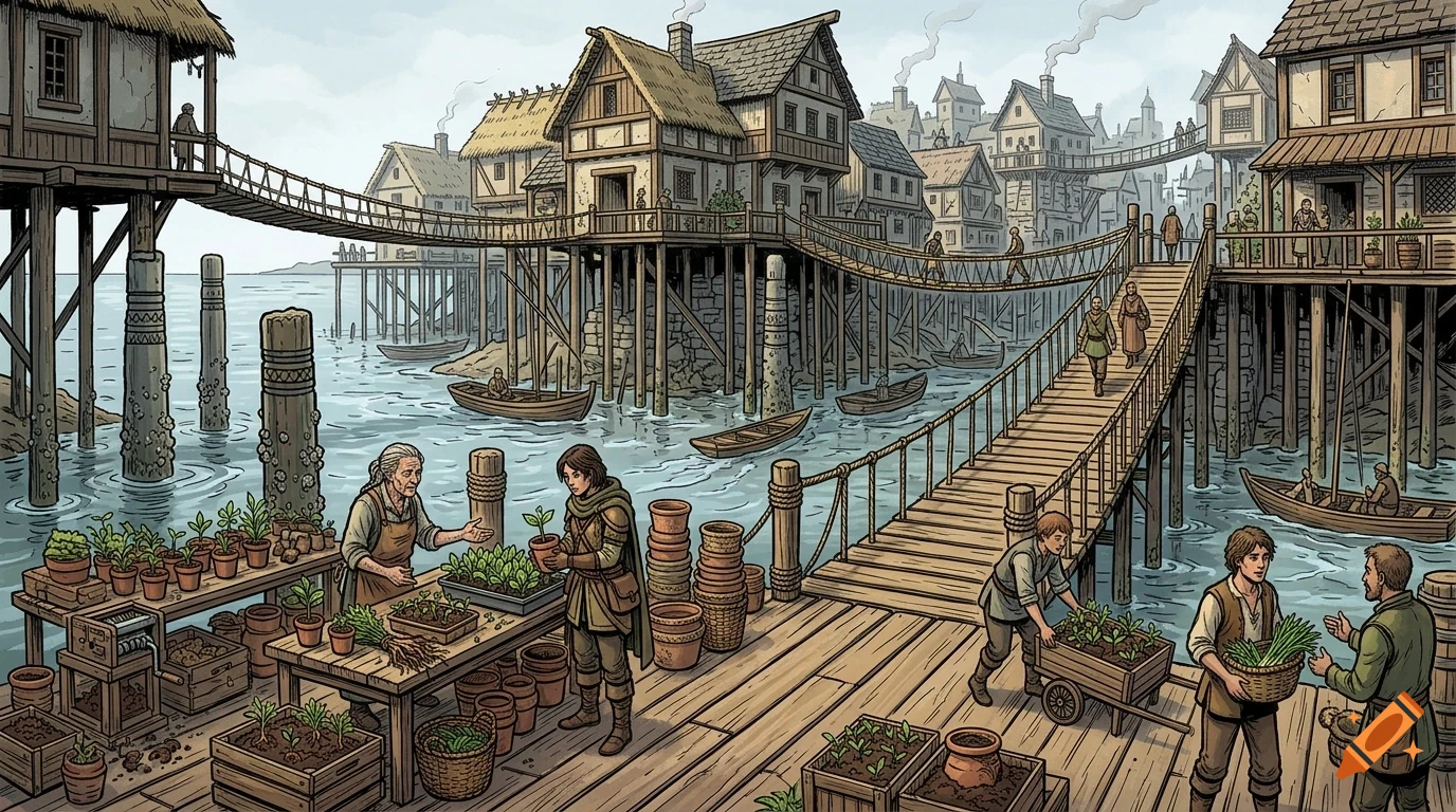 An illustrated coastal village built on wooden stilts over water, featuring suspended rope bridges, wooden walkways, small boats, and people gardening and trading.