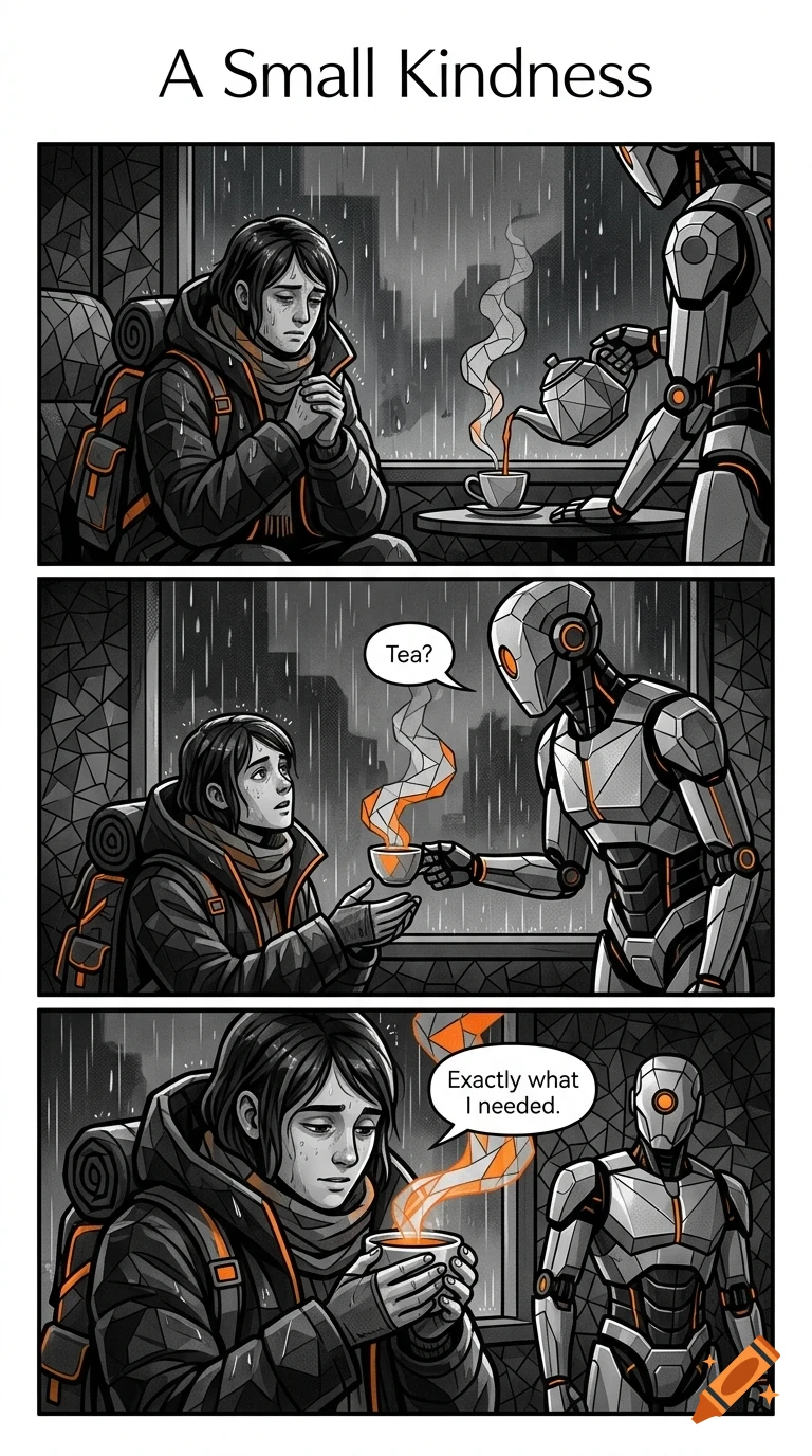 A three-panel comic strip titled 'A Small Kindness' showing a robot pouring tea for a sad, cold person sitting by a rainy window.