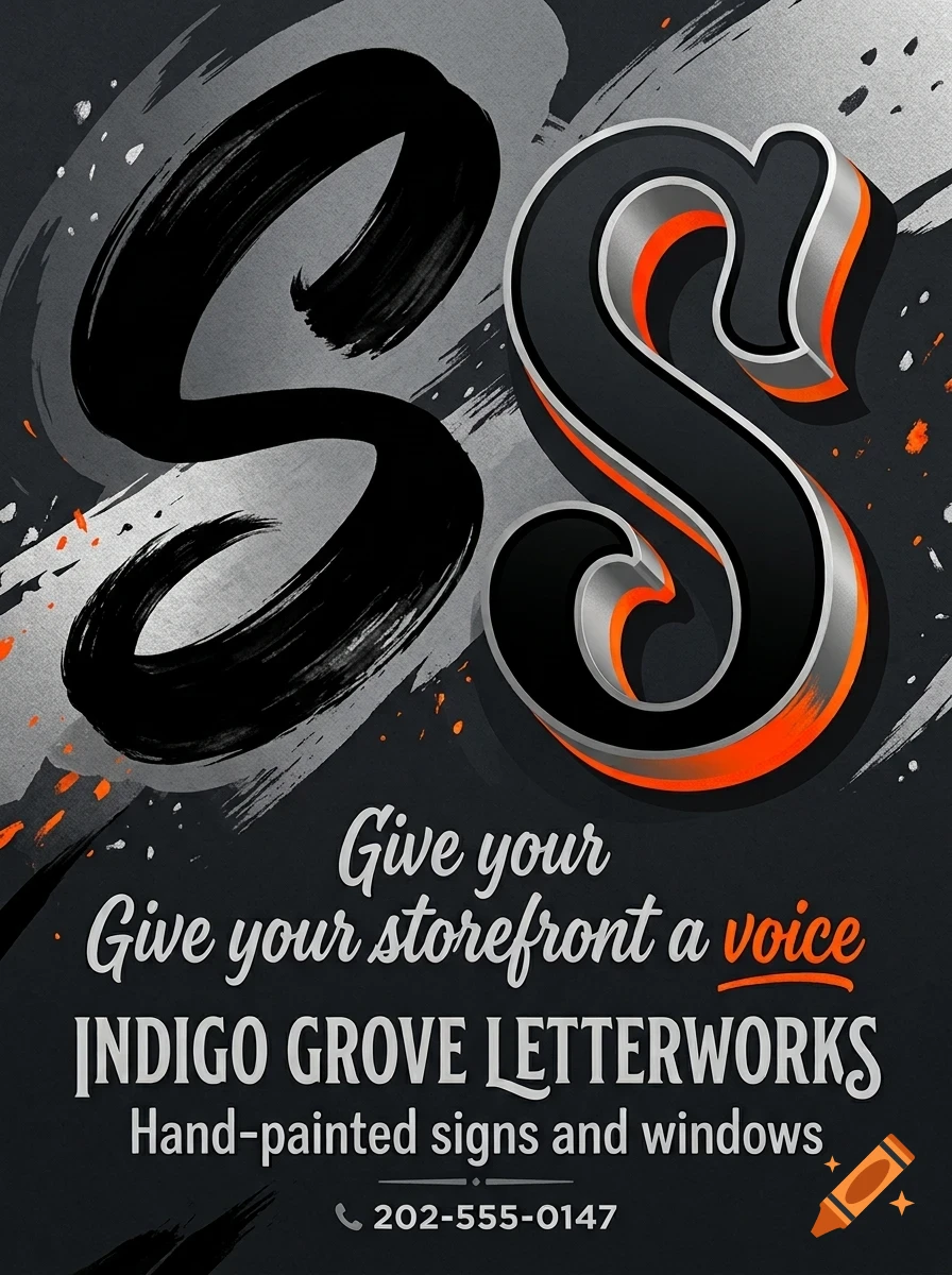 An artistic poster featuring bold lettering with the text Indigo Grove Letterworks and hand-painted signs and windows.