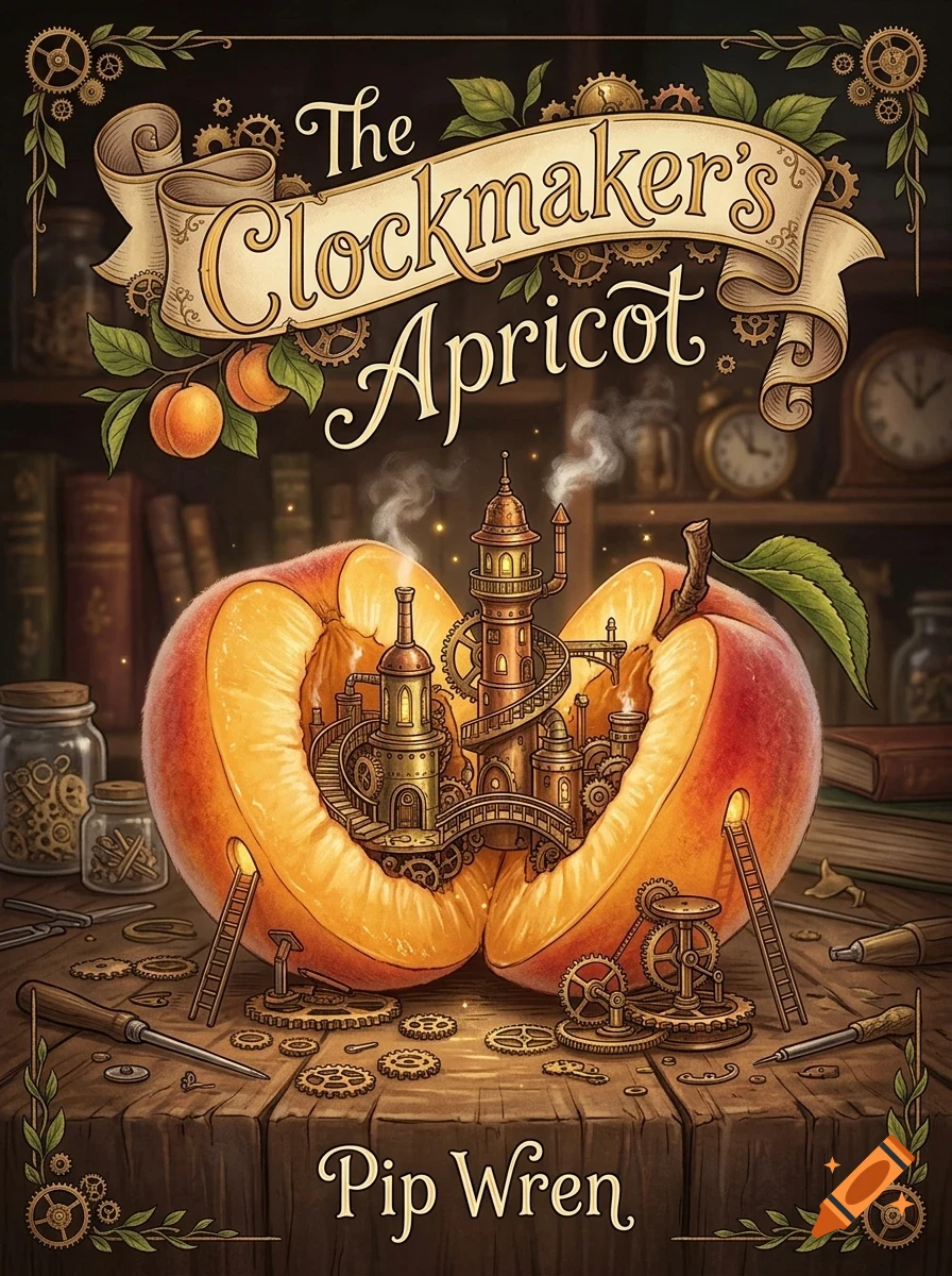 An illustrated book cover titled The Clockmaker's Apricot by Pip Wren, showing a miniature steampunk city built inside a sliced apricot on a workbench.