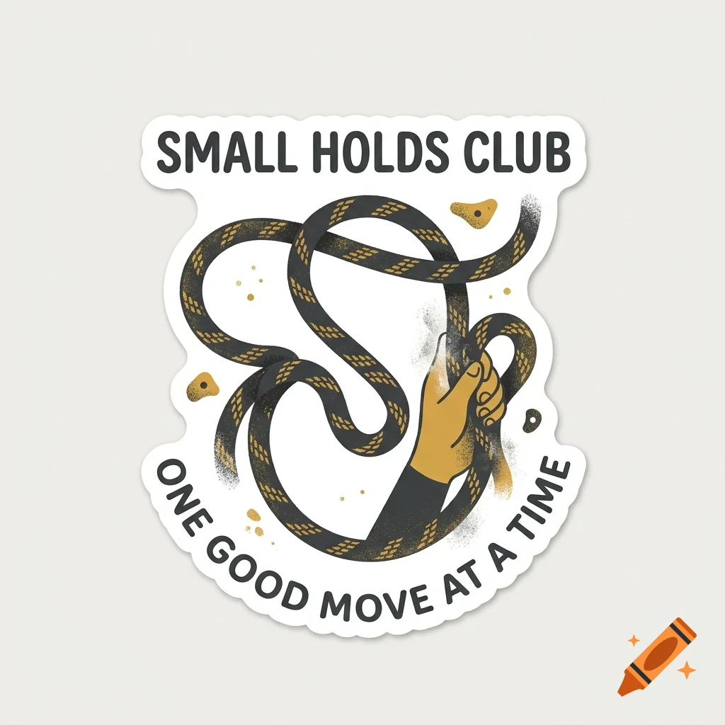 An illustrated sticker with a hand holding a climbing rope, small rock holds, and the text 'SMALL HOLDS CLUB' and 'ONE GOOD MOVE AT A TIME'.