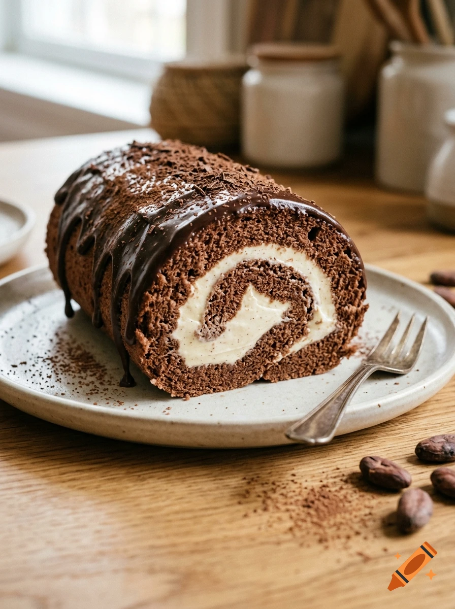 Photorealistic image of a sliced chocolate roll cake with white cream filling and chocolate ganache on a plate.