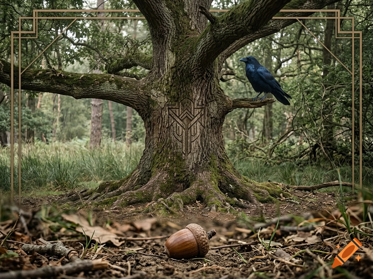 An ancient oak tree with an art deco symbol carved on its trunk and a raven on its branch, with an acorn in the foreground, in a forest.