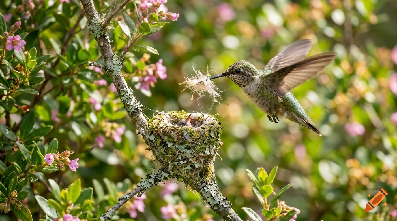 A hummingbird hovers near its small nest containing chicks in a flowering bush.