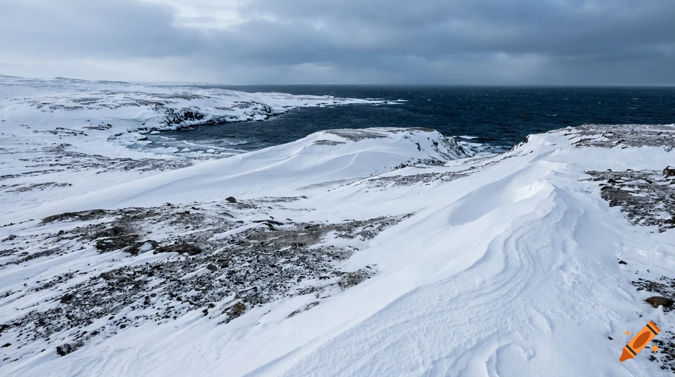 A snowy coastal landscape under a cloudy sky, with snow-covered hills sloping down to a dark ocean.