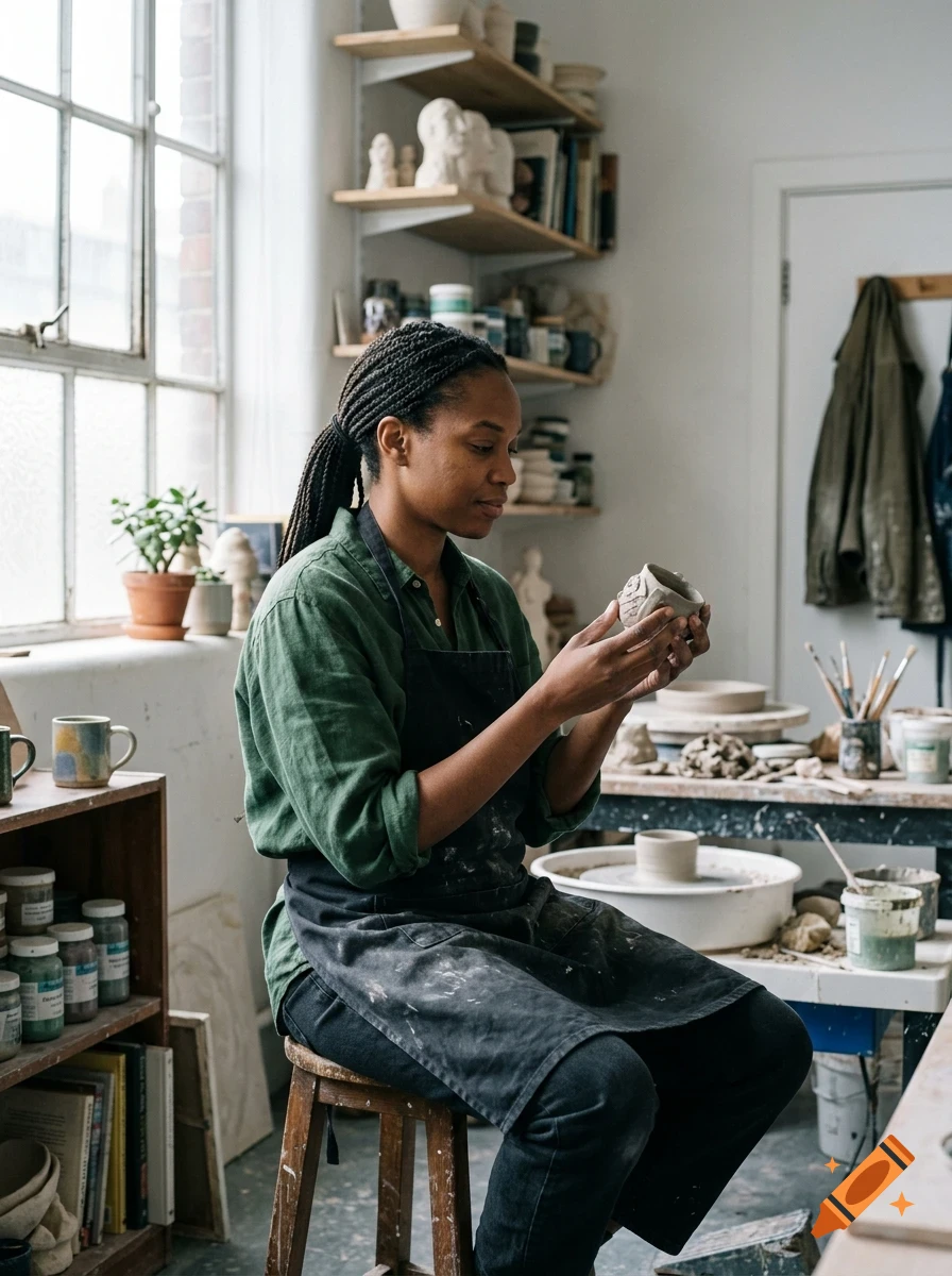 A Black woman with braided hair wearing a green shirt and dark apron sitting on a stool in a pottery studio, holding a small ceramic piece.
