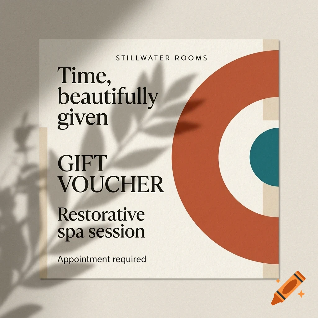 A gift voucher design for Stillwater Rooms featuring abstract geometric shapes, typography, and leaf shadows.
