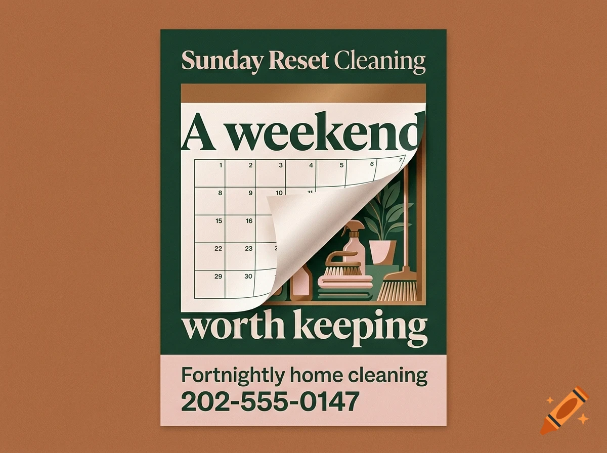 A poster design featuring a calendar with a peeling page revealing cleaning supplies, set against a dark green and peach background with text.