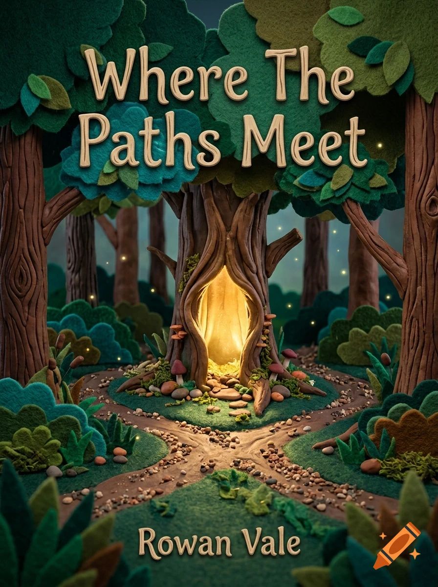 A stylized craft-like scene of a forest path meeting in front of a glowing hollow tree, with text reading Where The Paths Meet and Rowan Vale.