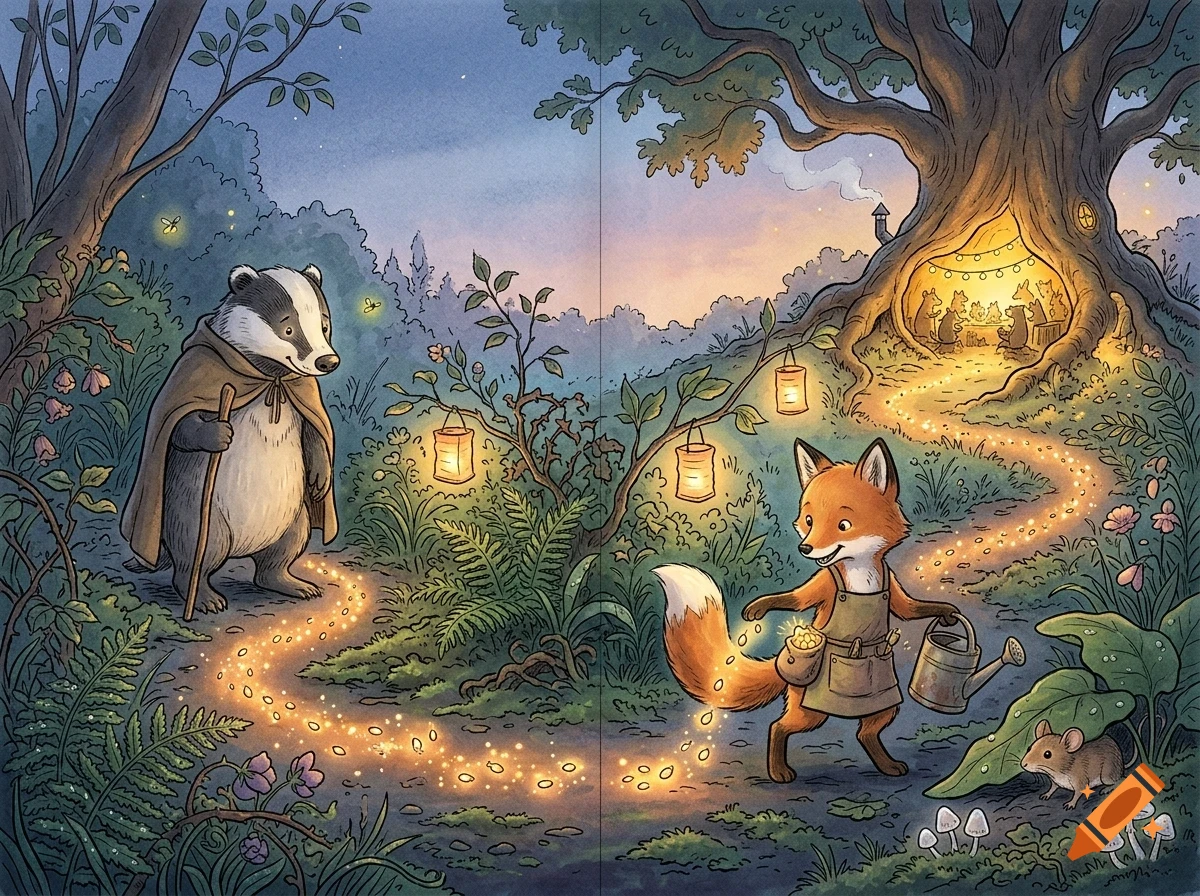 An illustrated woodland scene at dusk with an anthromorphic badger holding a walking stick and a fox holding a watering can on glowing trails in front of a hollow tree house.