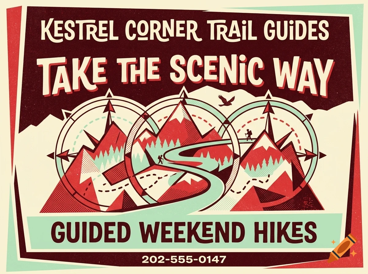 Vintage style poster with mountain landscape, compass graphics, and text reading Kestrel Corner Trail Guides.