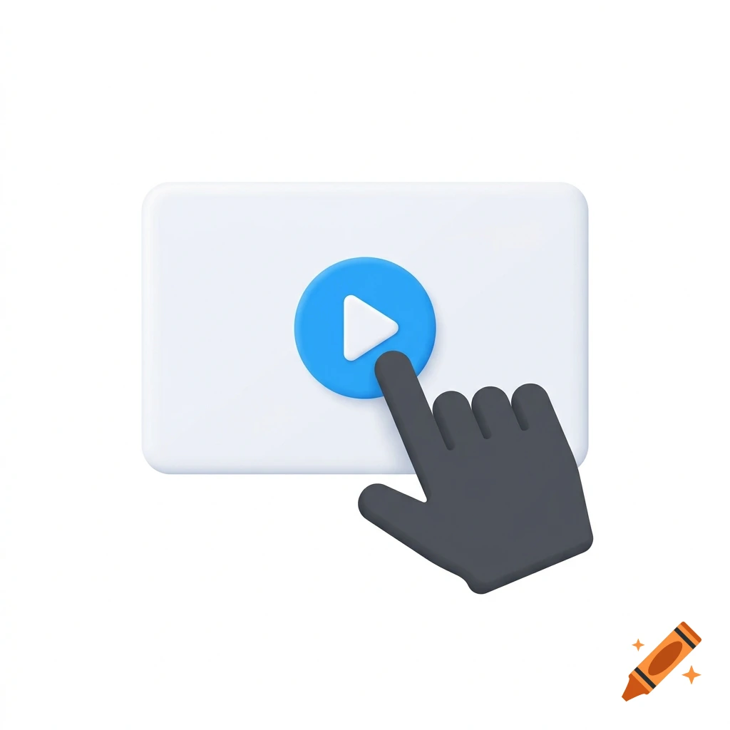 3D icon of a dark hand pressing a blue play button on a floating white screen against a plain background