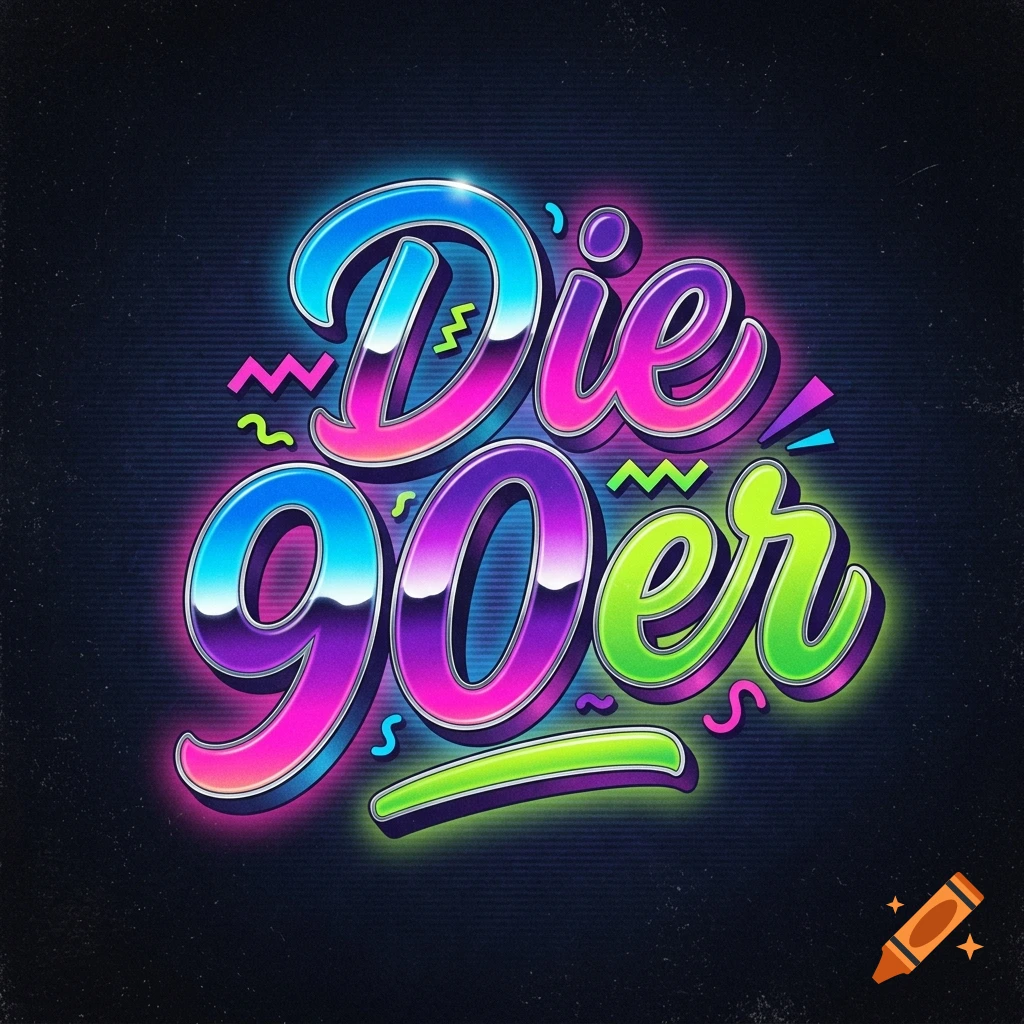 Colorful retro 1990s style typography reading "Die 90er" with neon glow and chrome effect on dark background.
