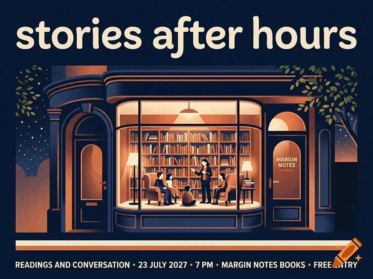An illustrated poster for 'stories after hours' showing a warmly lit bookstore storefront at night with people inside.