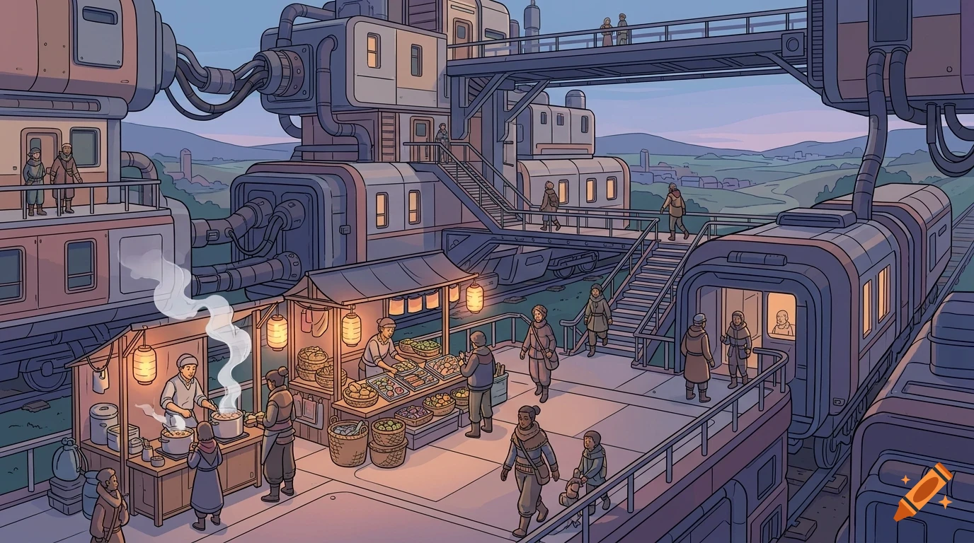 An illustrated futuristic railway station scene at dusk with people walking around platforms, stalls, and trains.