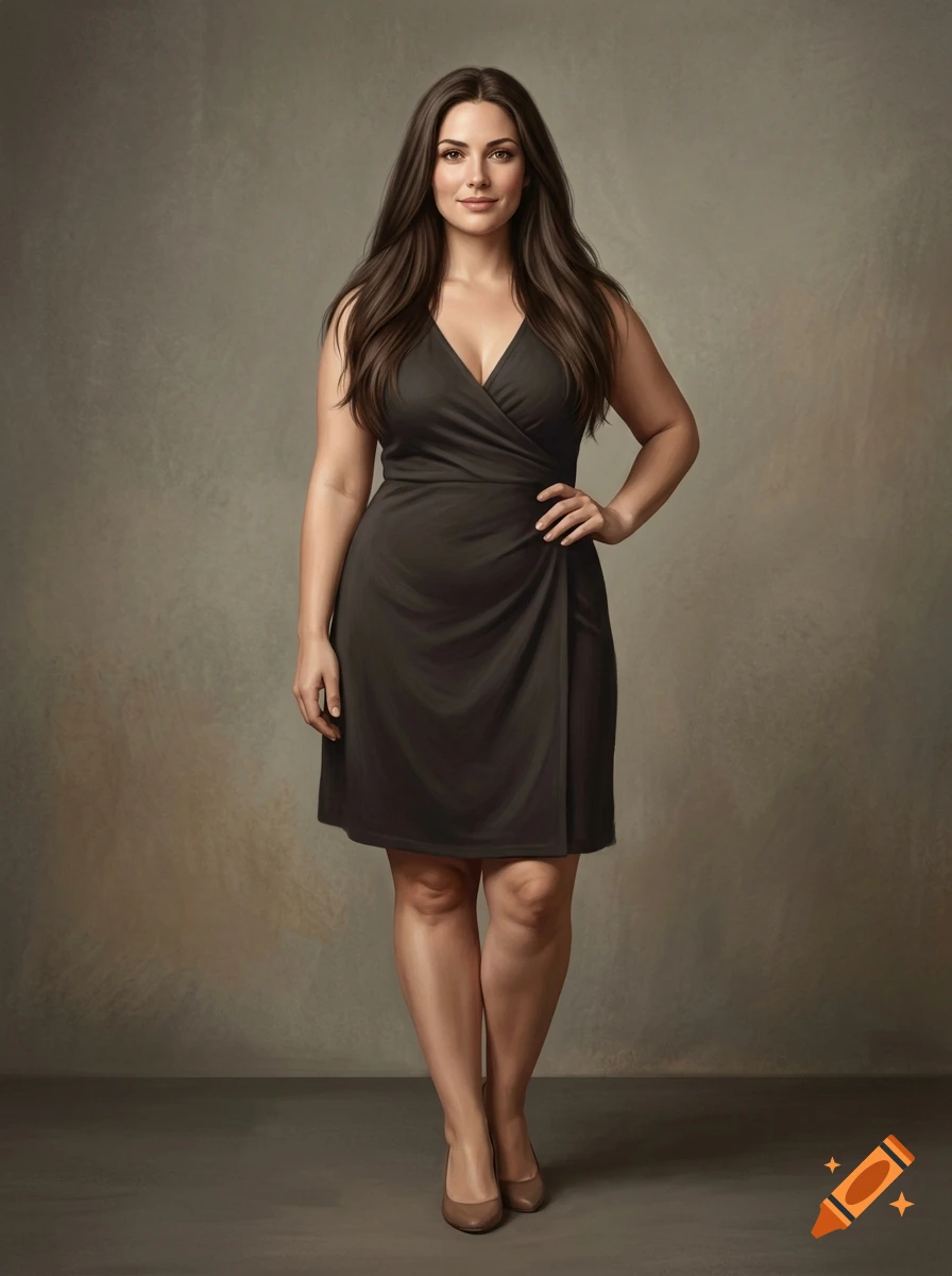 Realistic digital painting of a voluptuous woman with long dark hair, wearing a black wrap dress against a textured grey background.