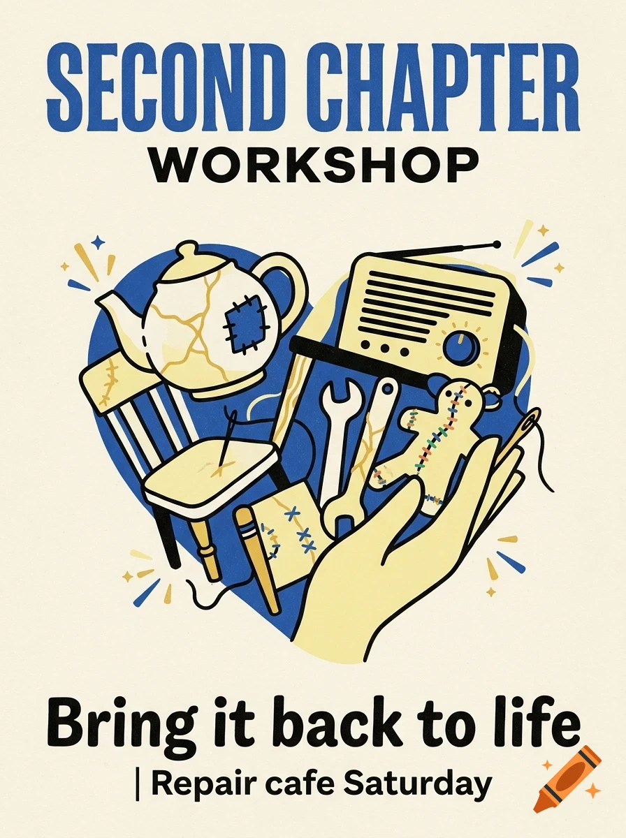 A poster featuring a heart-shaped arrangement of items being repaired, including a teapot, a radio, a chair, a wrench, a stuffed toy, and a hand, with the text SECOND CHAPTER WORKSHOP and Bring it back to life