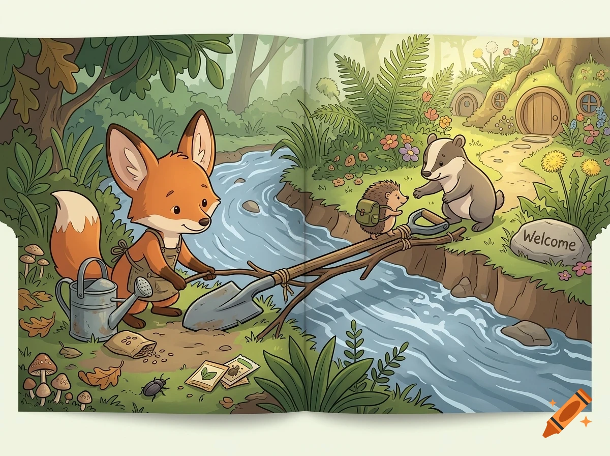 An illustrated children's book page showing a fox by a stream, using a makeshift bridge made of a shovel and branches to meet a badger and hedgehog near a burrow.
