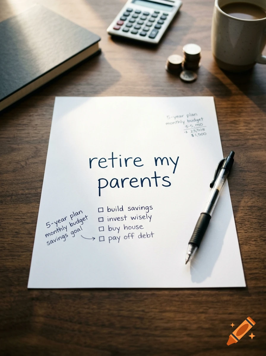 A handwritten to-do list on a piece of paper on a wooden desk, with a pen, calculator, coins, and a coffee mug.