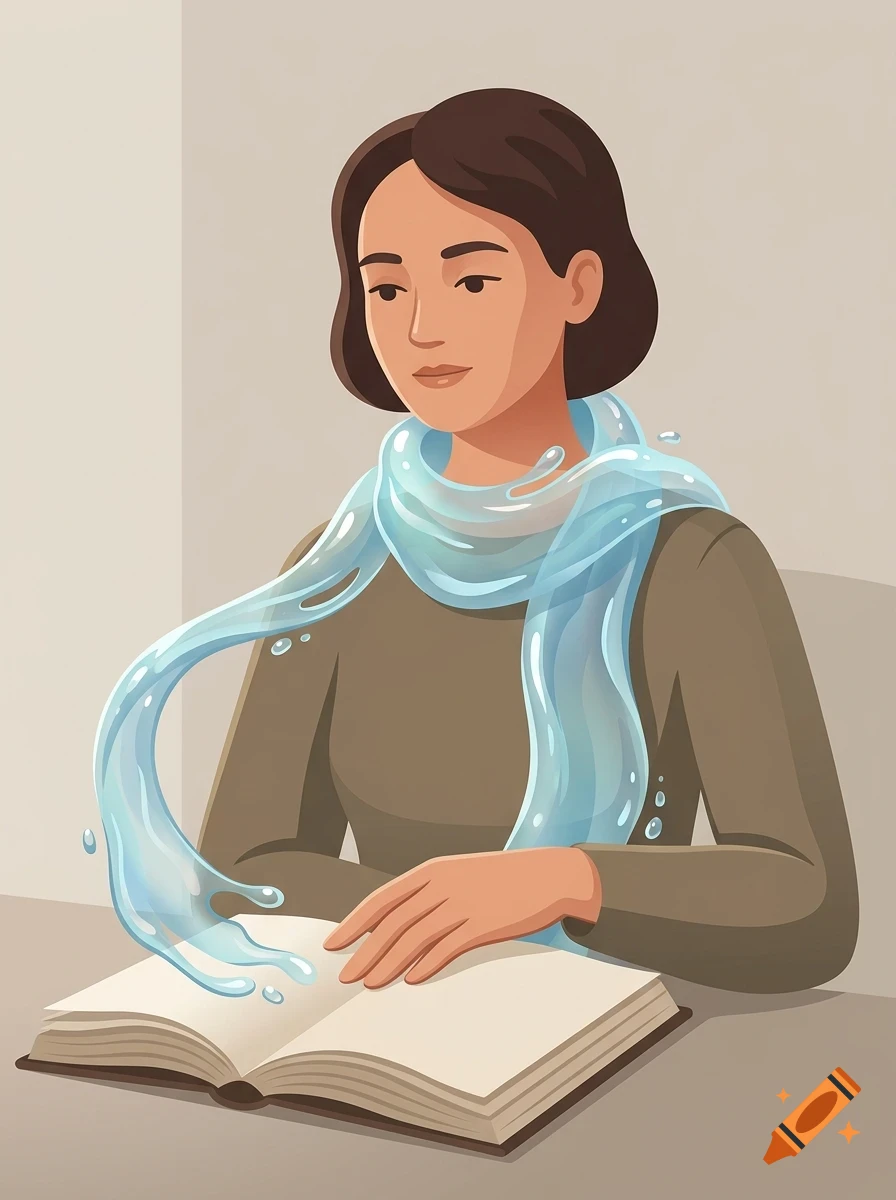 Digital illustration of a woman reading a book with a magical scarf made of water flowing around her neck.