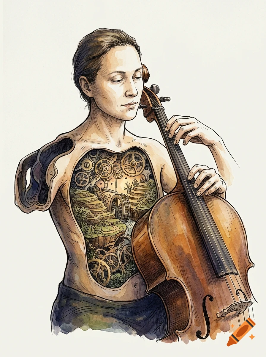 An ink and watercolor illustration of a woman playing a cello, with her torso cut away to reveal clockwork gears and a miniature landscape scene.
