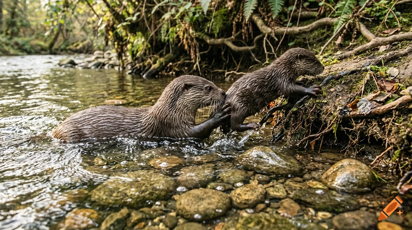 Two otters in a shallow river with an adult nudging a younger otter up a muddy bank.