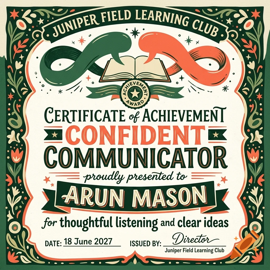 An illustrated Certificate of Achievement for Confident Communicator awarded to Arun Mason, featuring a book, speech bubbles, and ornate botanical borders.