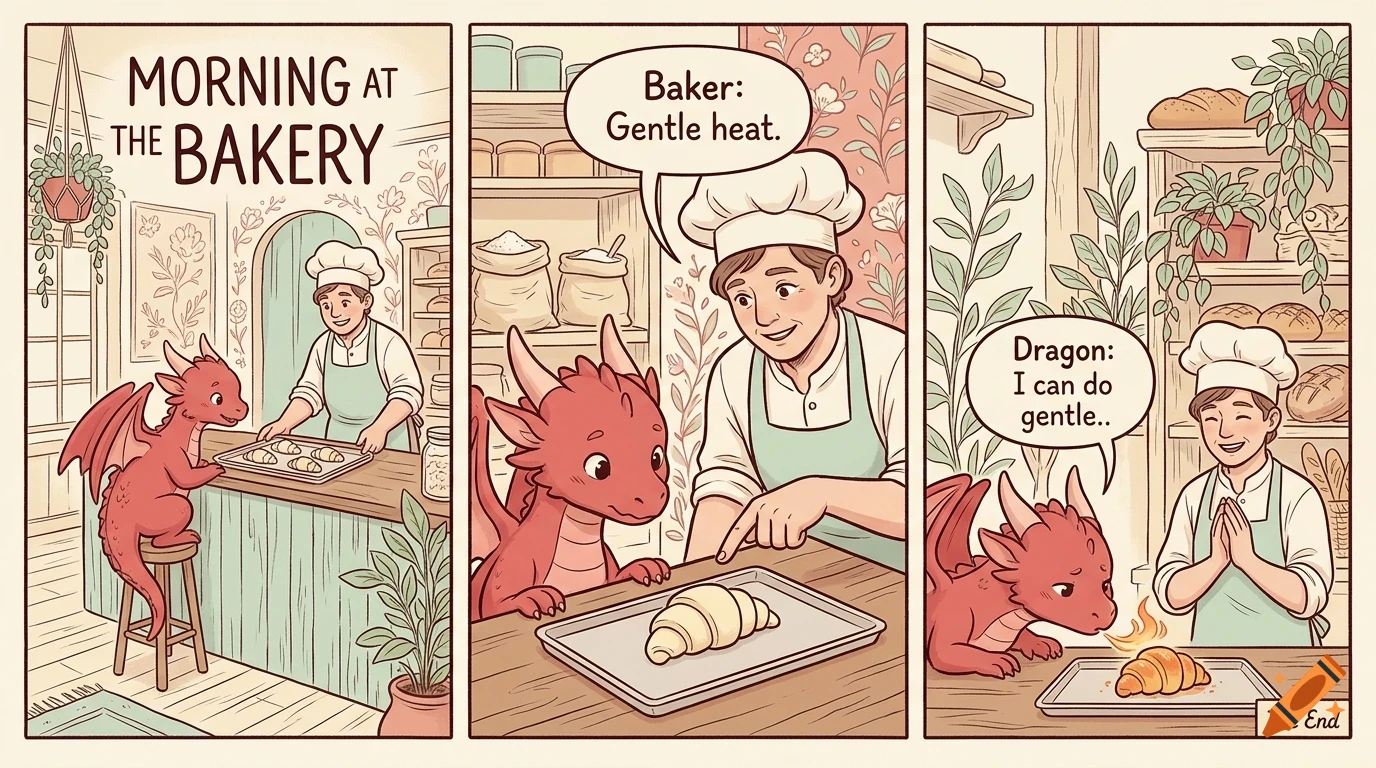 A three-panel comic strip depicting a baker in a bakery talking to a small red dragon who accidentally sets a croissant on fire.
