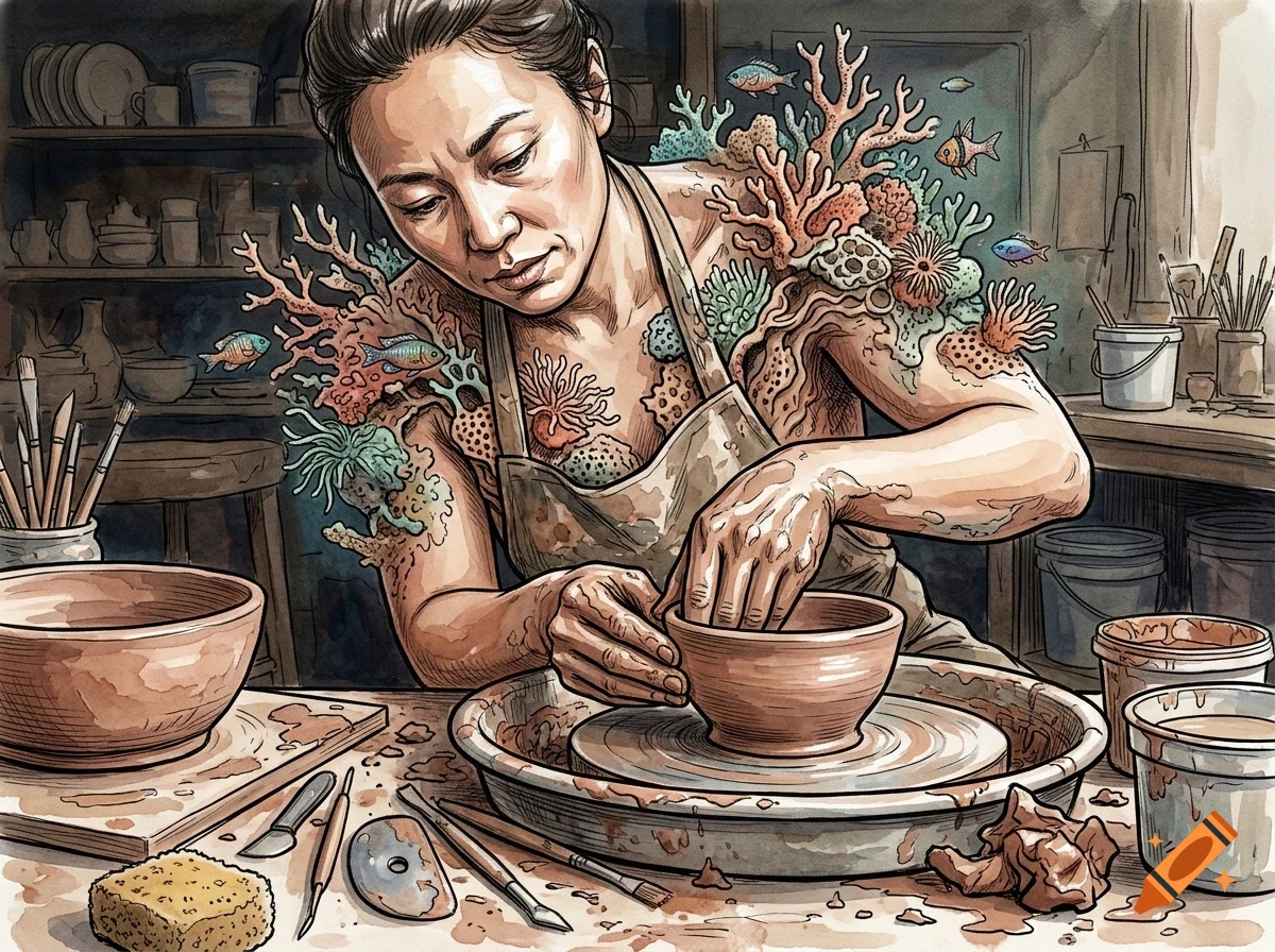 An artist shaping a clay pot on a potter's wheel, with coral and small fish growing from her shoulders in a pottery studio.