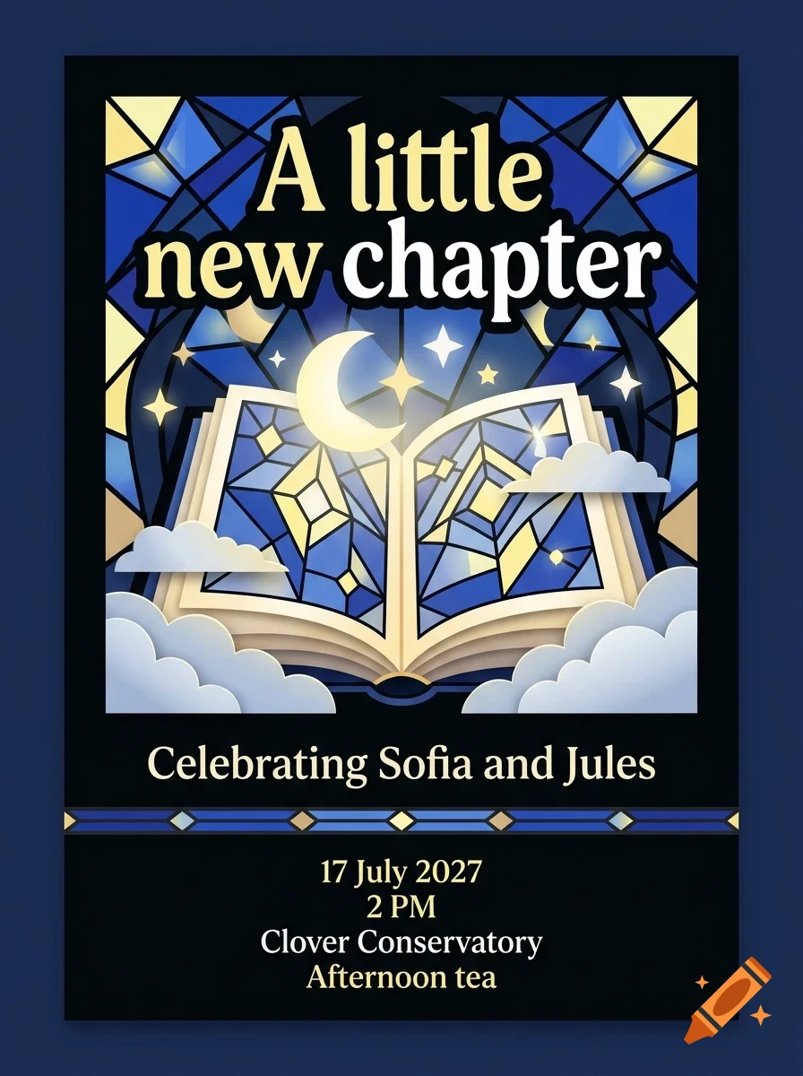 An invitation design featuring an open book surrounded by clouds, a crescent moon, and a stained glass window background, with text reading A little new chapter and Celebrating Sofia and Jules.
