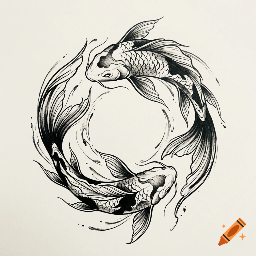 Black and white ink drawing of two koi fish swimming in a circular yin-yang formation.