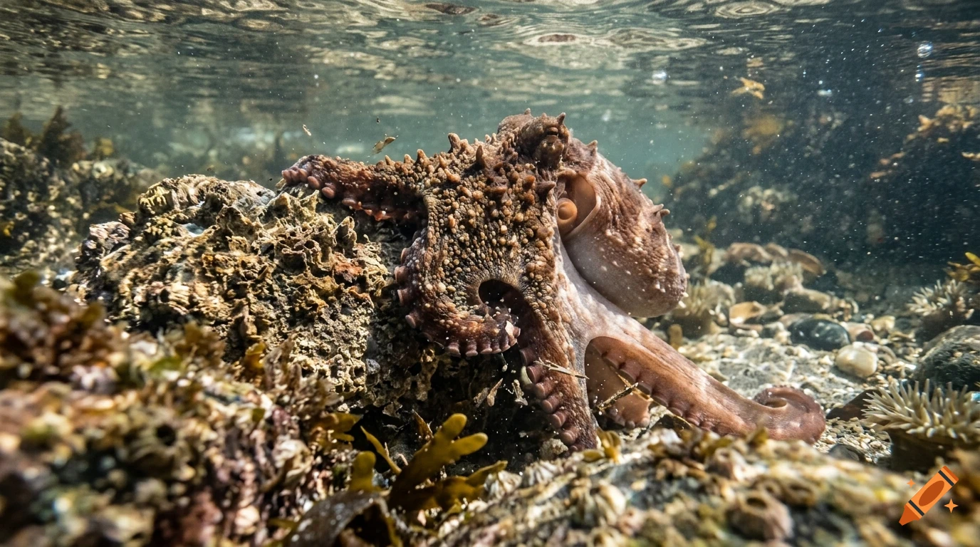 An octopus rests on a rocky seabed in shallow underwater water.