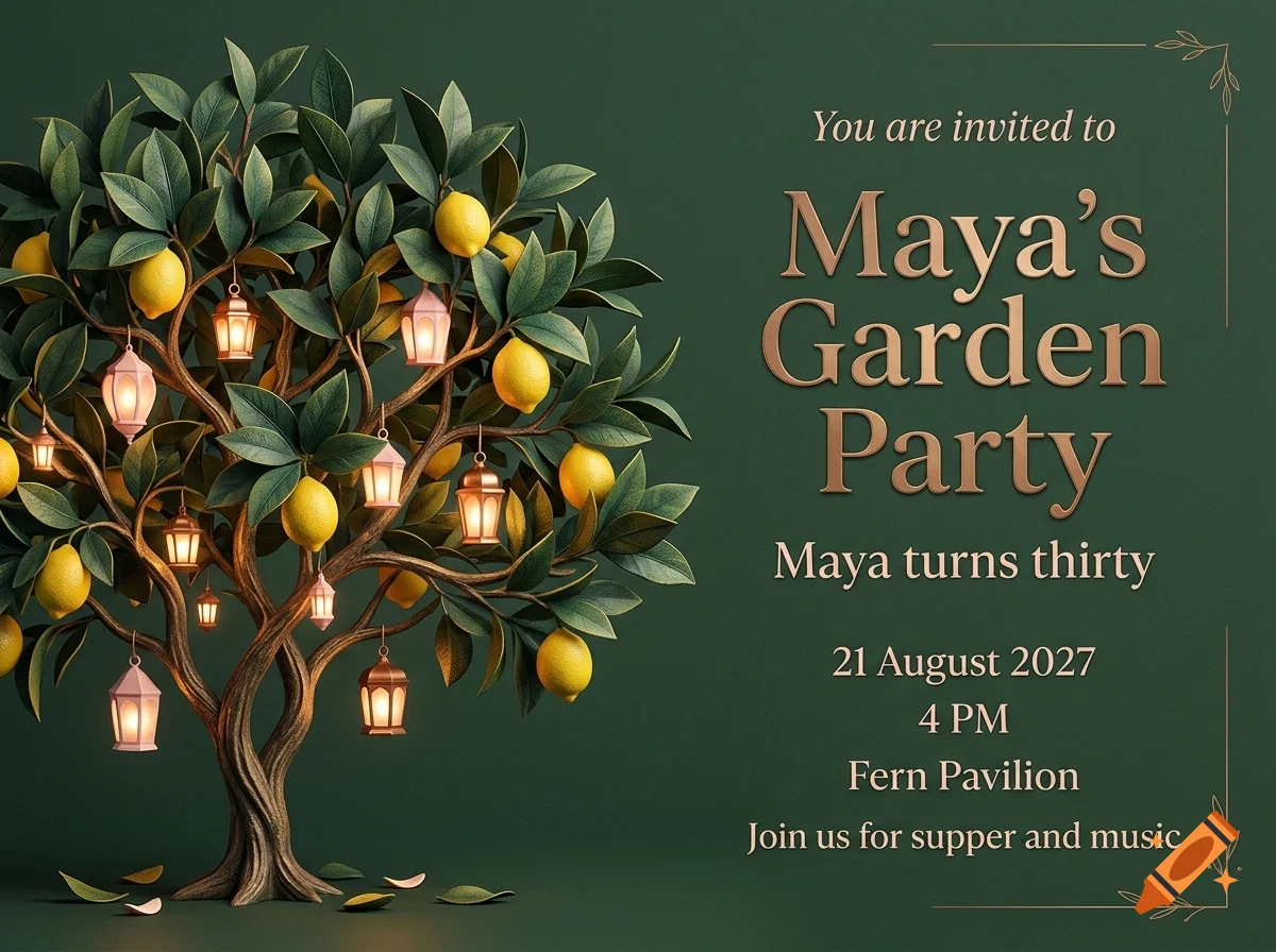 An invitation design featuring a lemon tree with hanging lanterns and text reading Maya's Garden Party.
