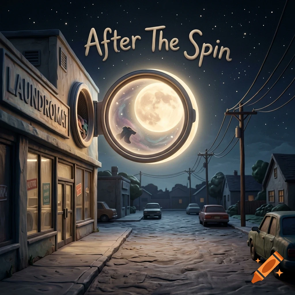A stylized nighttime street scene featuring a laundromat on the left with a glowing circular dryer window resembling the moon in the night sky, and the text After The Spin above.