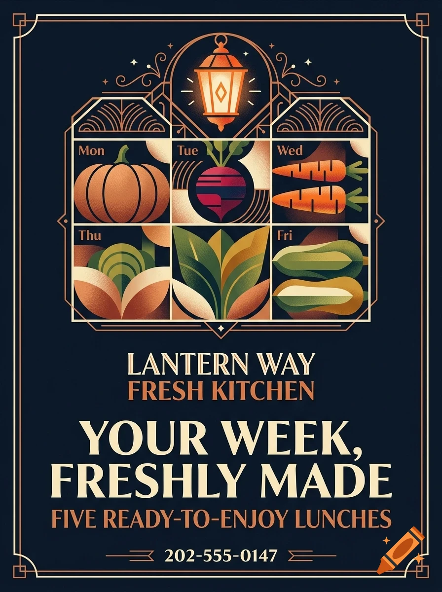 An illustrated poster for Lantern Way Fresh Kitchen featuring weekly meal icons and text.