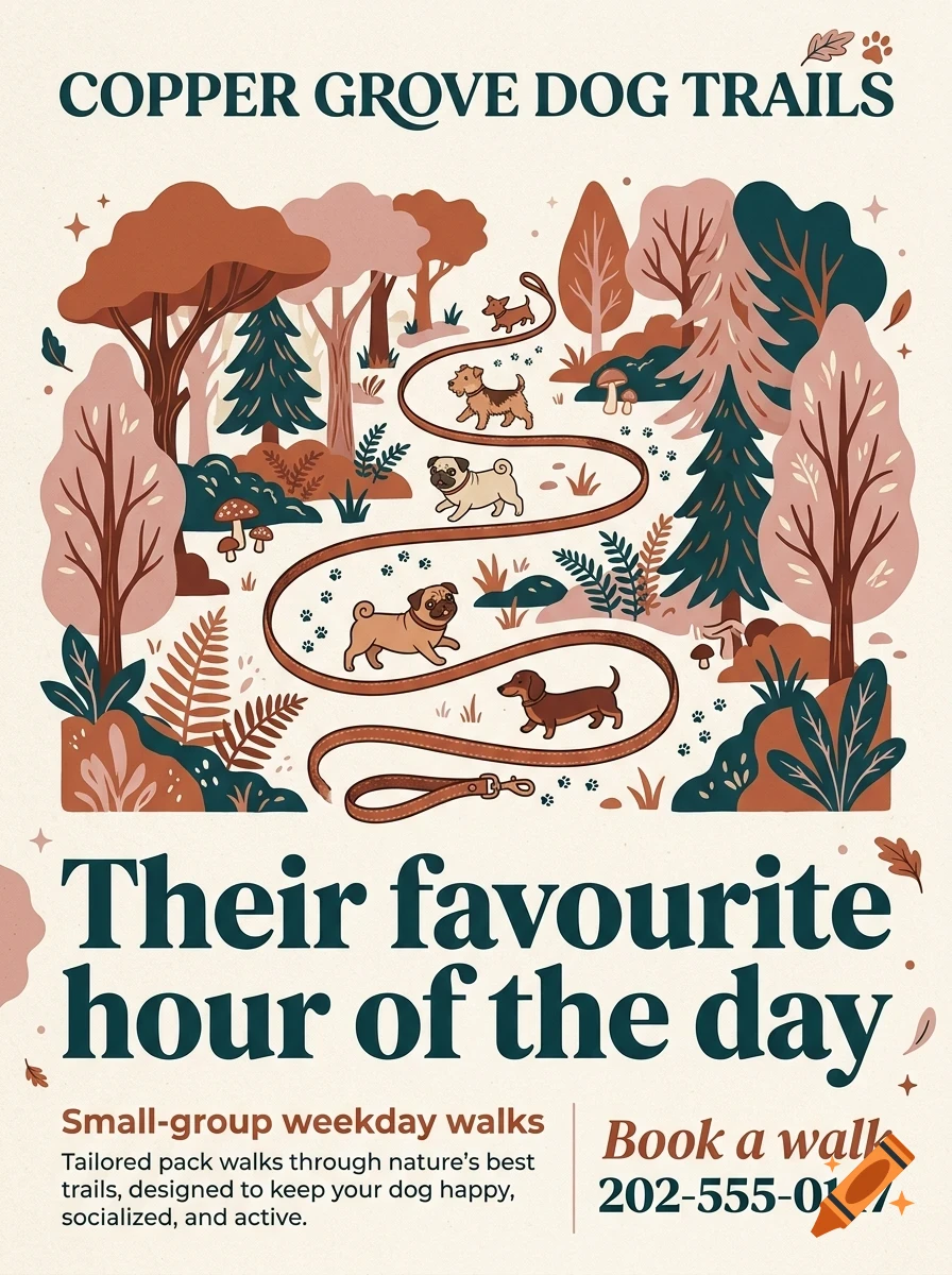An illustrated poster showing multiple dogs walking along a winding leash through a stylized forest with autumn trees, mushrooms, and text.