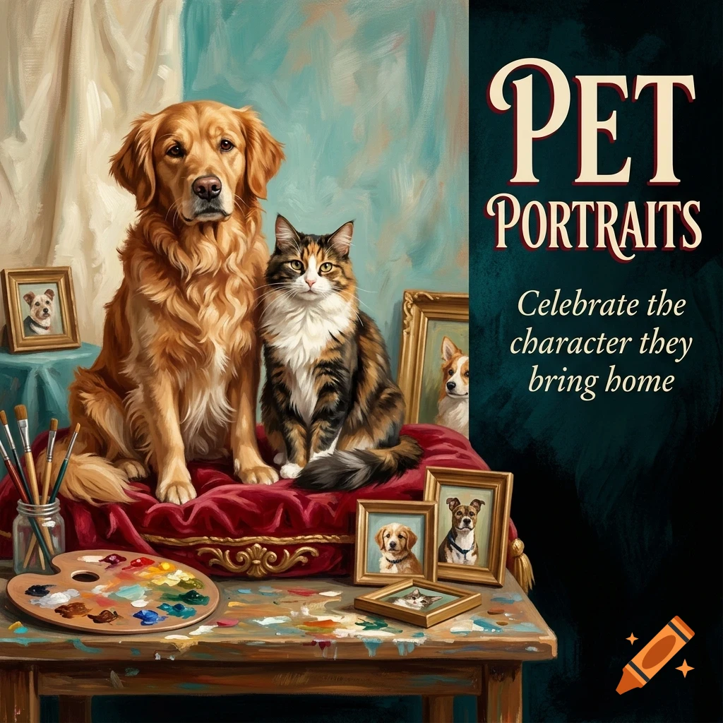 An oil painting of a golden retriever dog and a calico cat sitting together on a red velvet cushion, surrounded by paintbrushes, a palette, and framed pet portraits on a wooden table, with the text 'PET PORTRAITS' and 'Celebrate the character they bring home' on the right side.