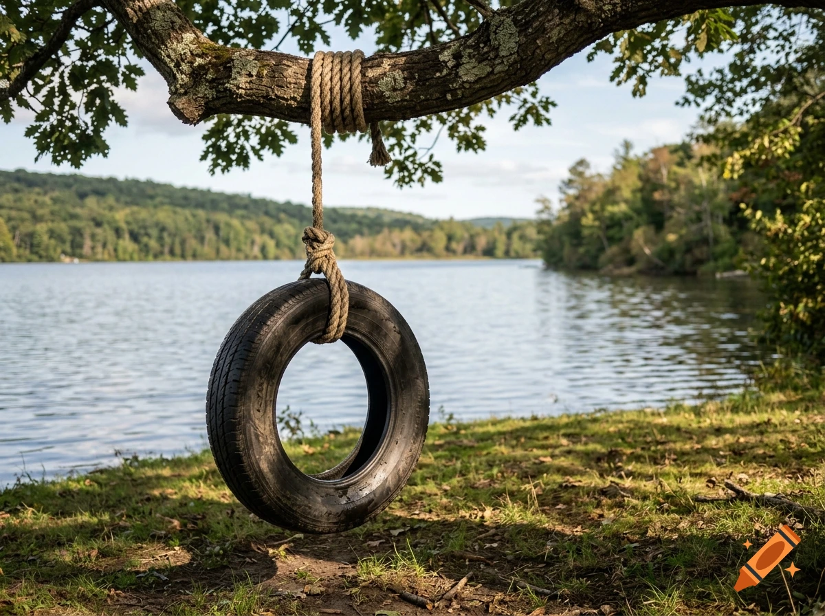 Photorealistic image of a tire swing hanging from a large tree branch by a calm lake.
